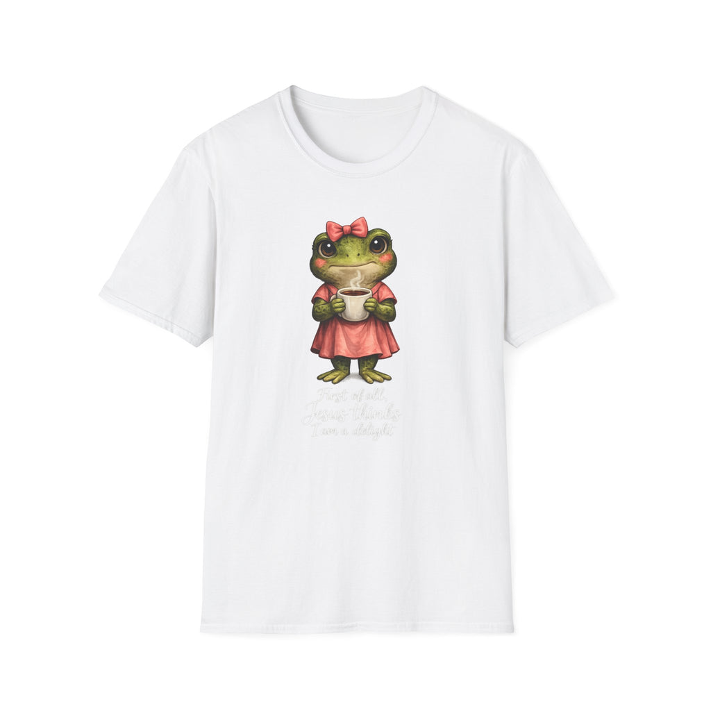 Frog in Dress Tee — Cute Frog Holding Coffee Graphic T-Shirt