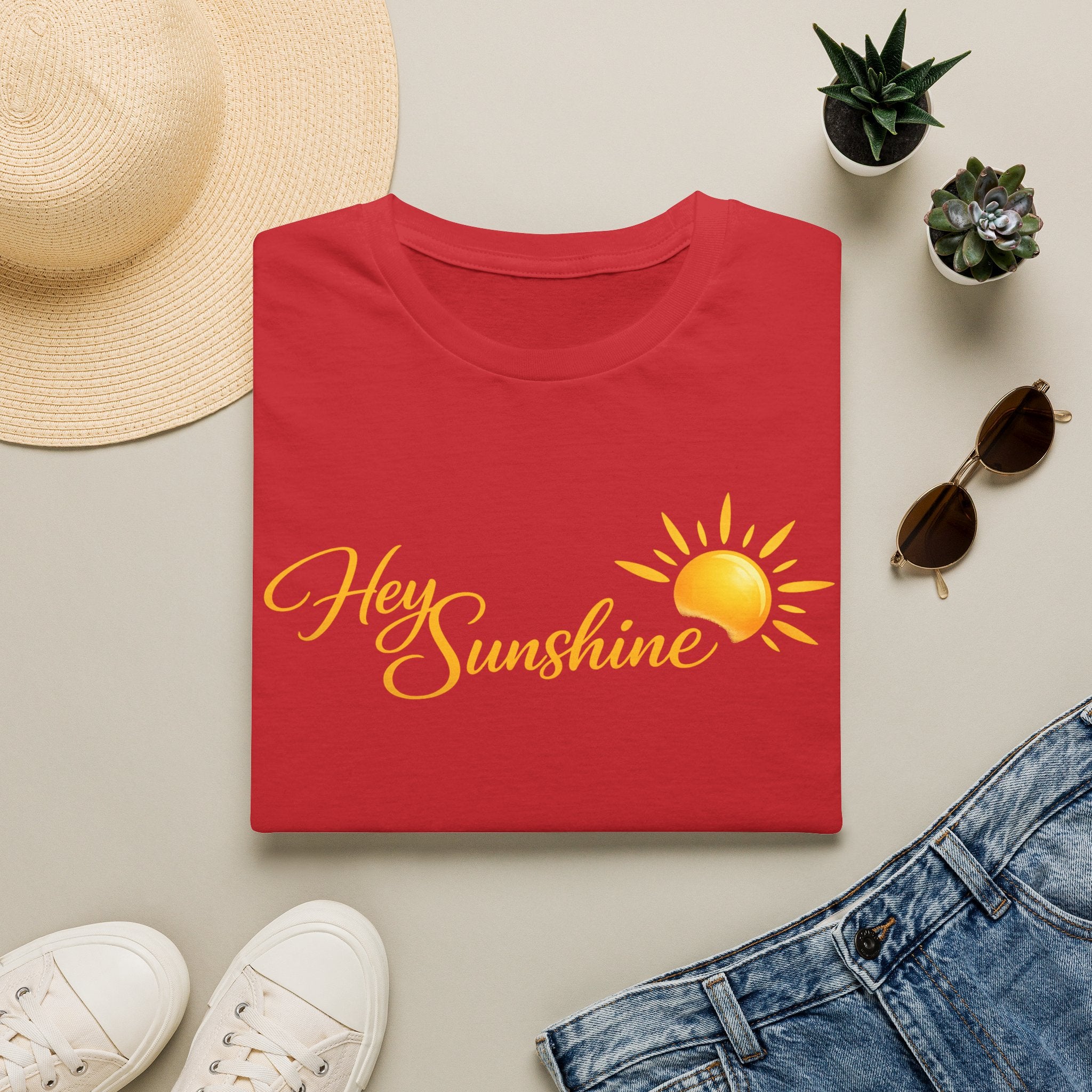 Hey Sunshine T‑Shirt — Bright Sun Script Tee for Women & Men