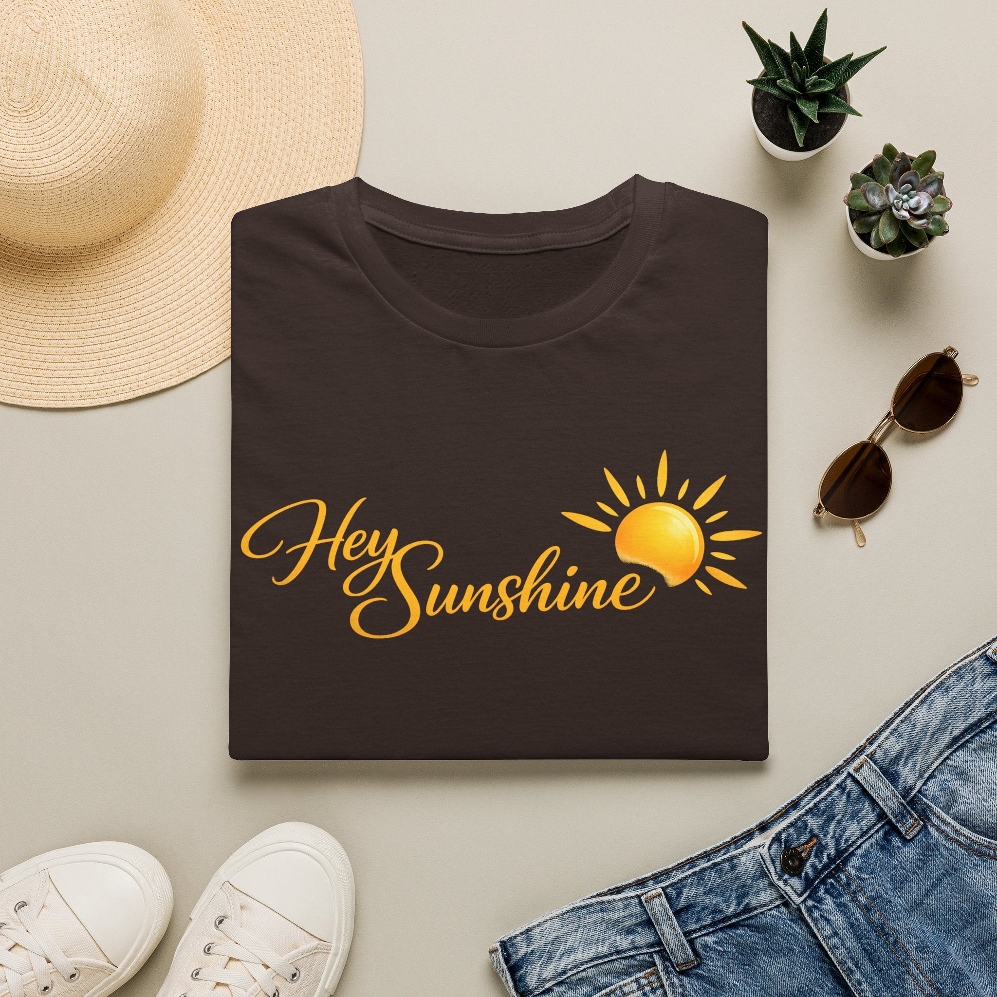 Hey Sunshine T‑Shirt — Bright Sun Script Tee for Women & Men