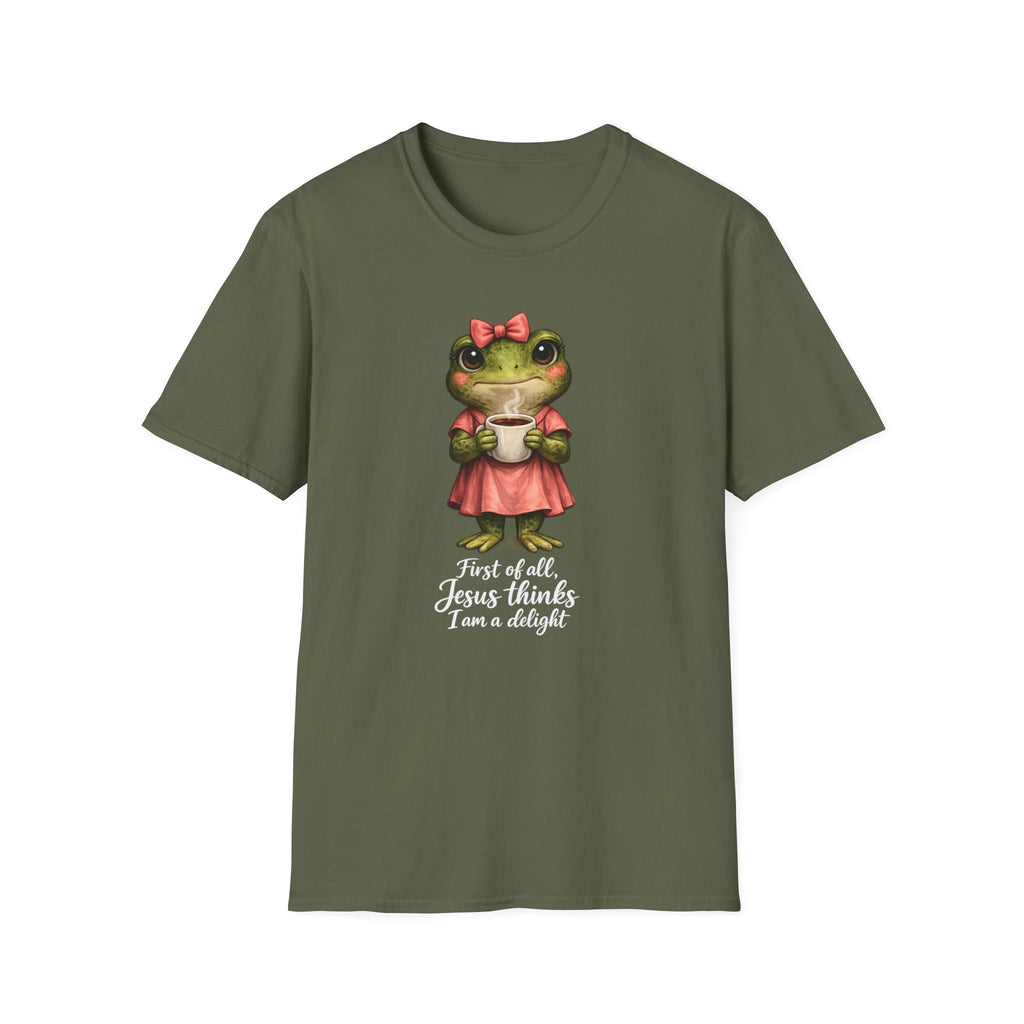 Frog in Dress Tee — Cute Frog Holding Coffee Graphic T-Shirt