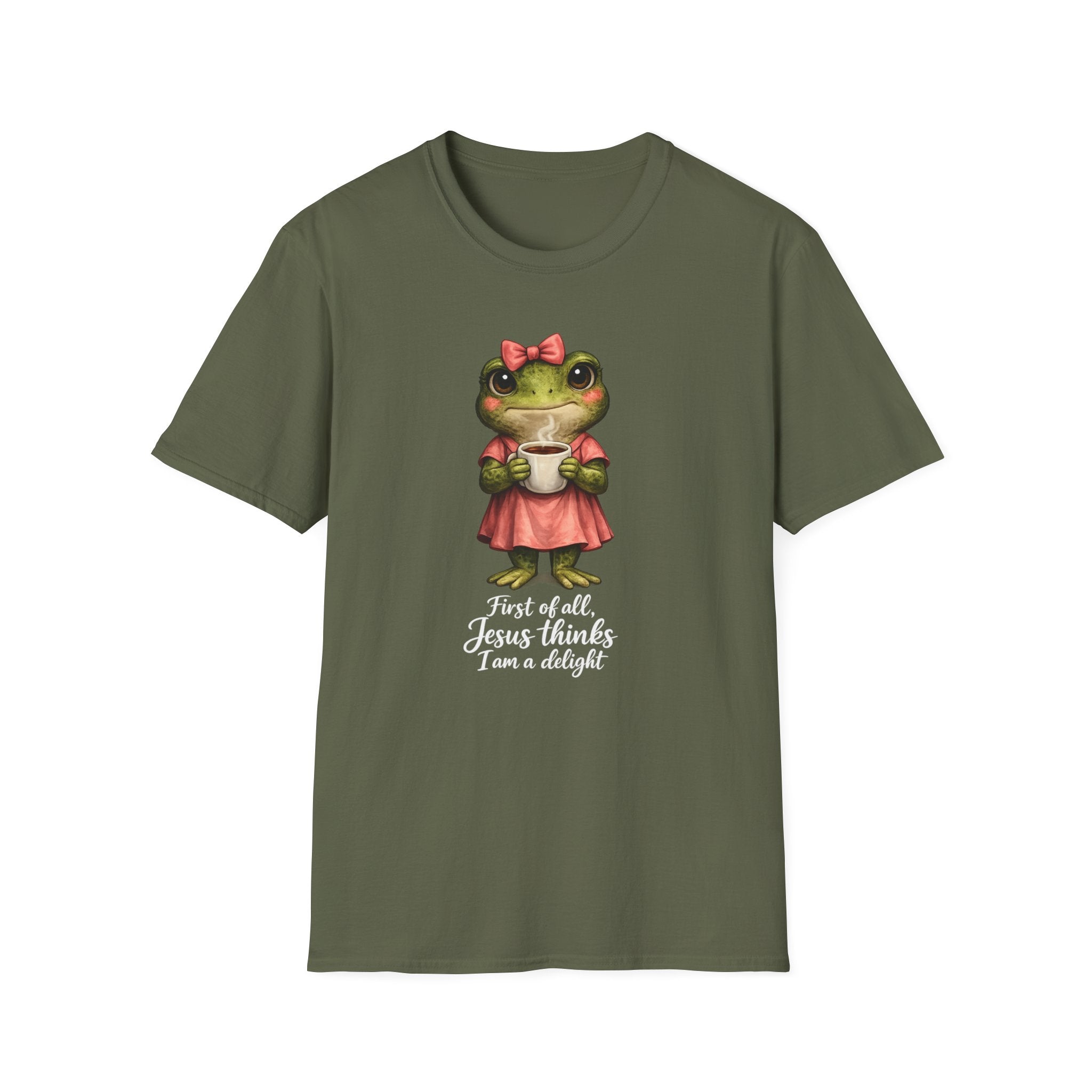 Frog in Dress Tee — Cute Frog Holding Coffee Graphic T-Shirt