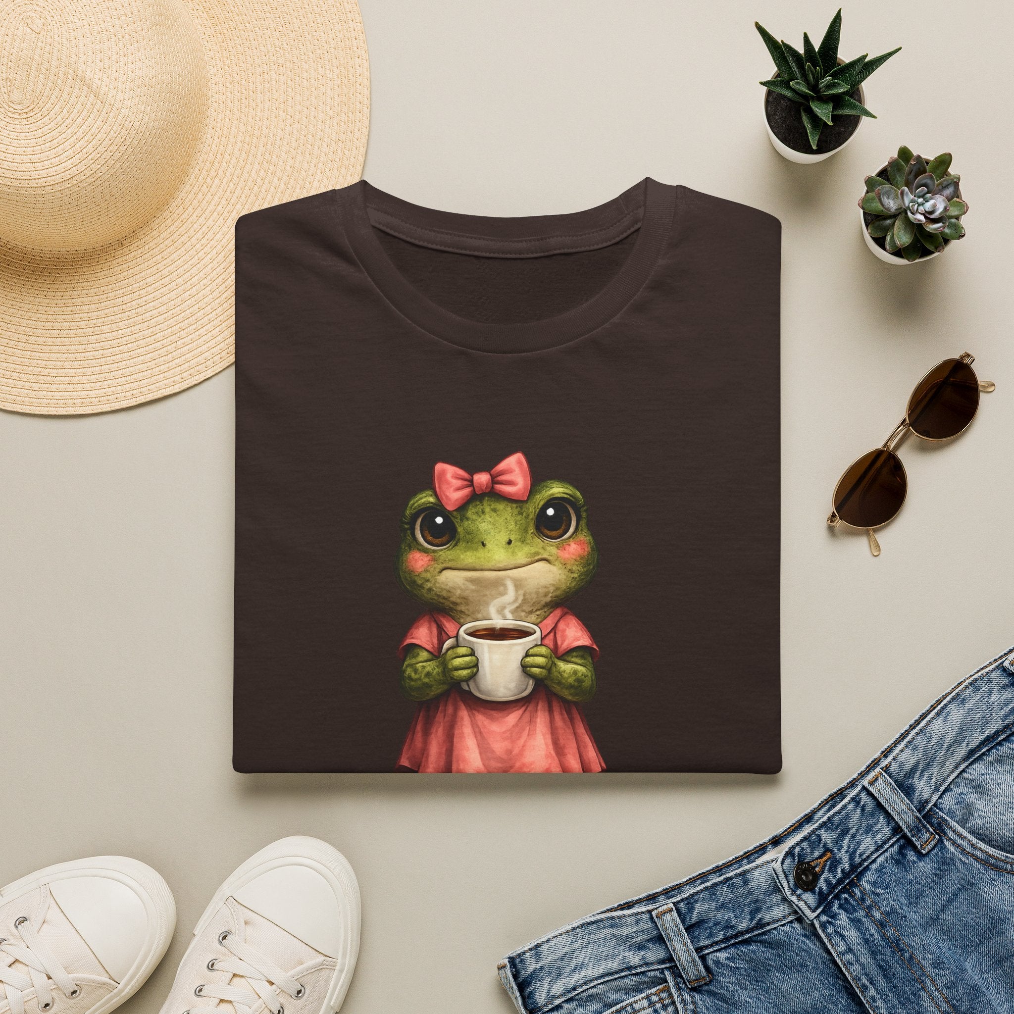 Frog in Dress Tee — Cute Frog Holding Coffee Graphic T-Shirt