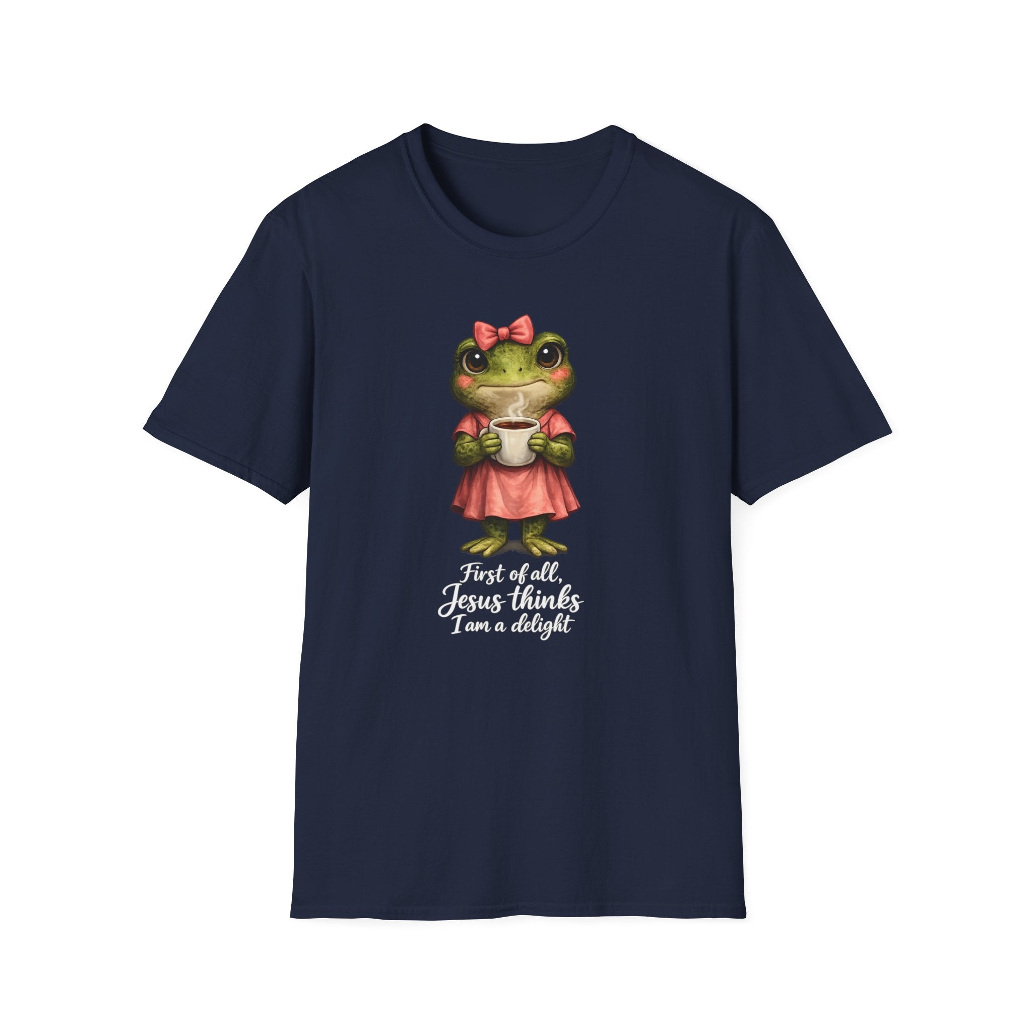 Frog in Dress Tee — Cute Frog Holding Coffee Graphic T-Shirt