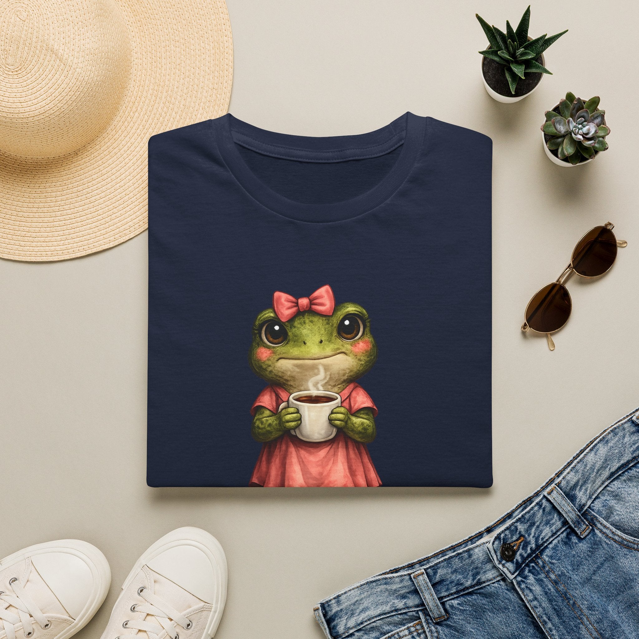 Frog in Dress Tee — Cute Frog Holding Coffee Graphic T-Shirt