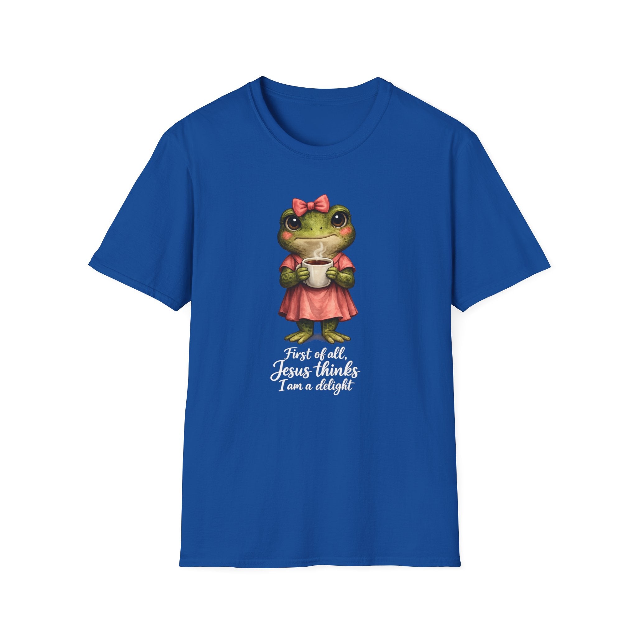 Frog in Dress Tee — Cute Frog Holding Coffee Graphic T-Shirt