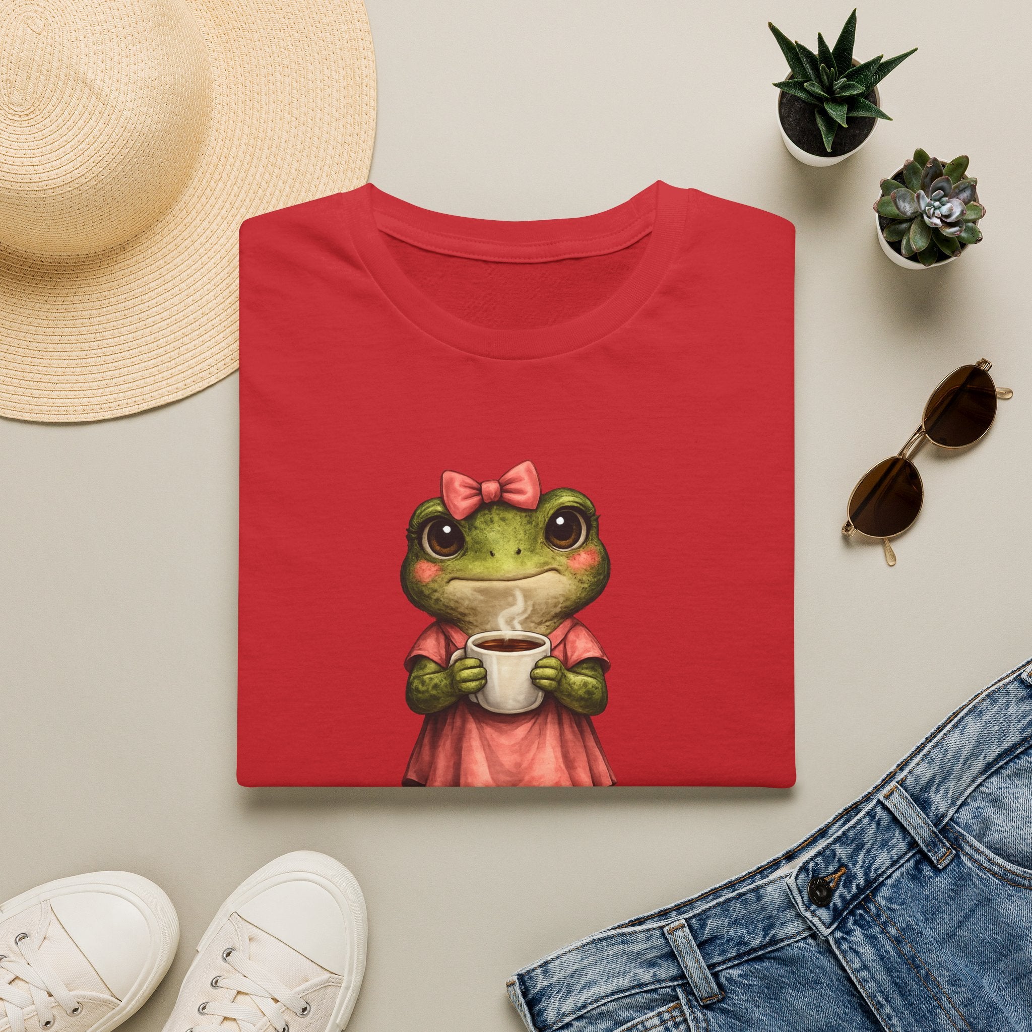 Frog in Dress Tee — Cute Frog Holding Coffee Graphic T-Shirt