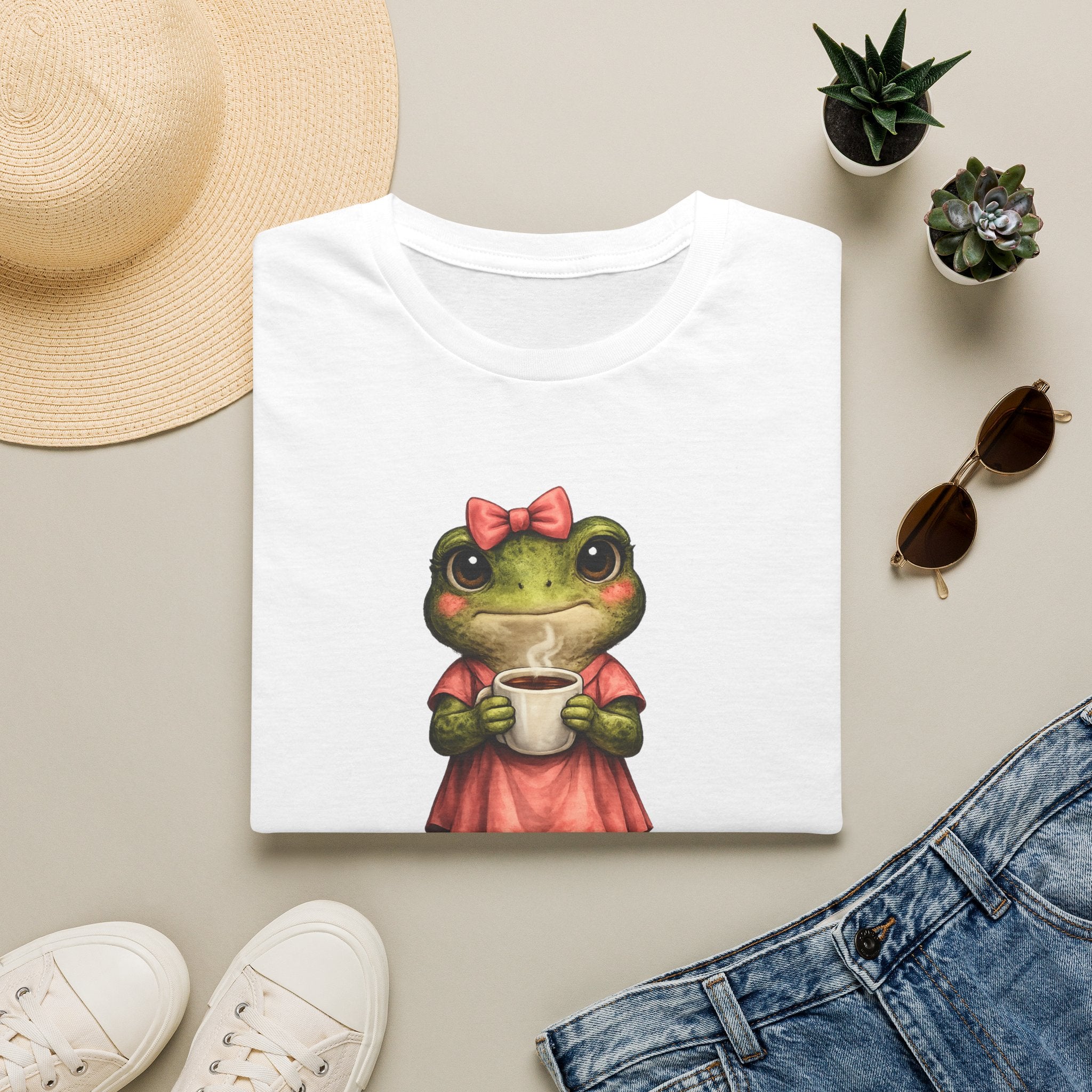 Frog in Dress Tee — Cute Frog Holding Coffee Graphic T-Shirt