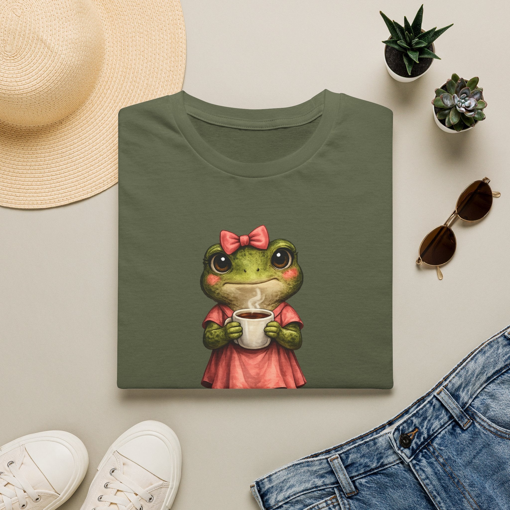 Frog in Dress Tee — Cute Frog Holding Coffee Graphic T-Shirt