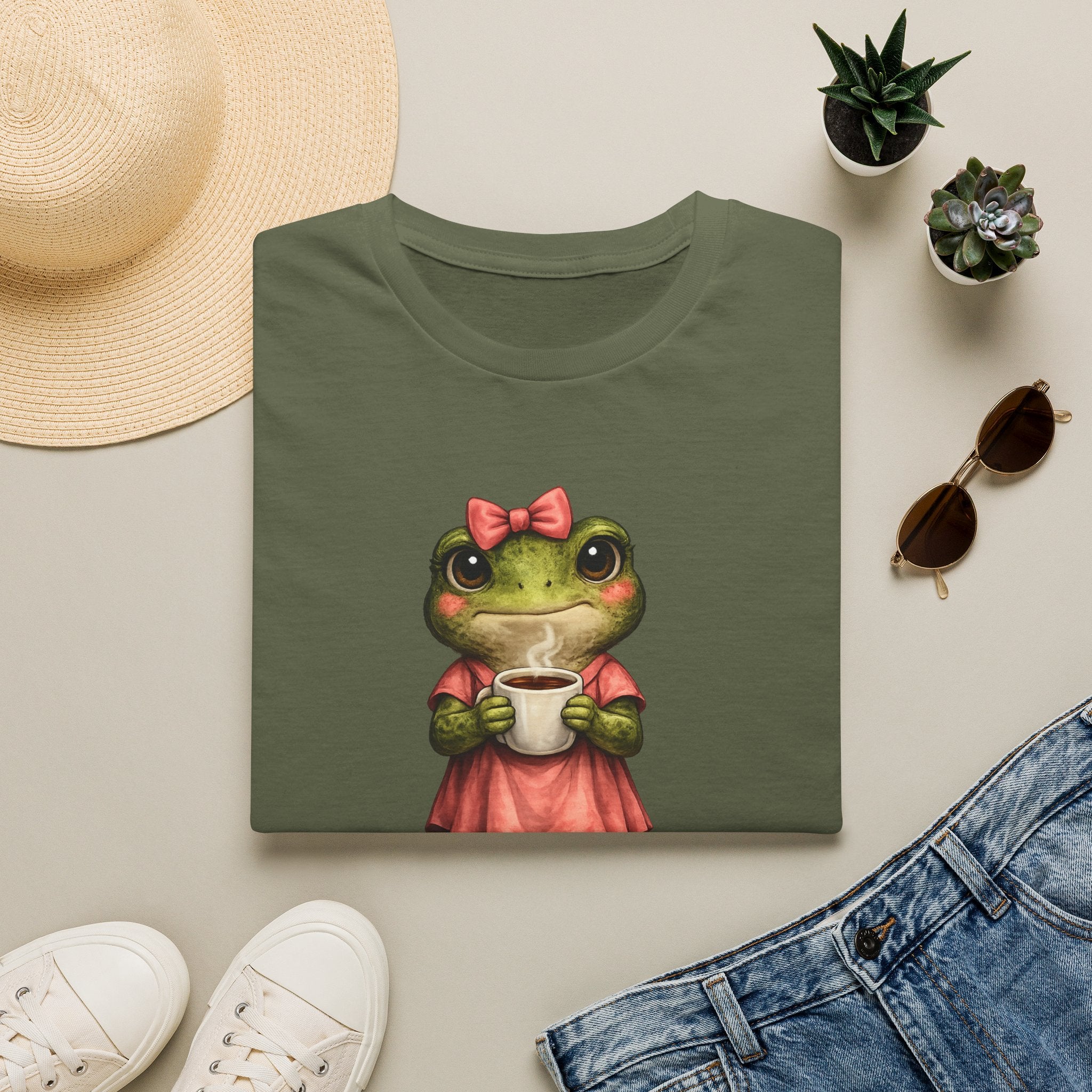 Frog in Dress Tee — Cute Frog Holding Coffee Graphic T-Shirt