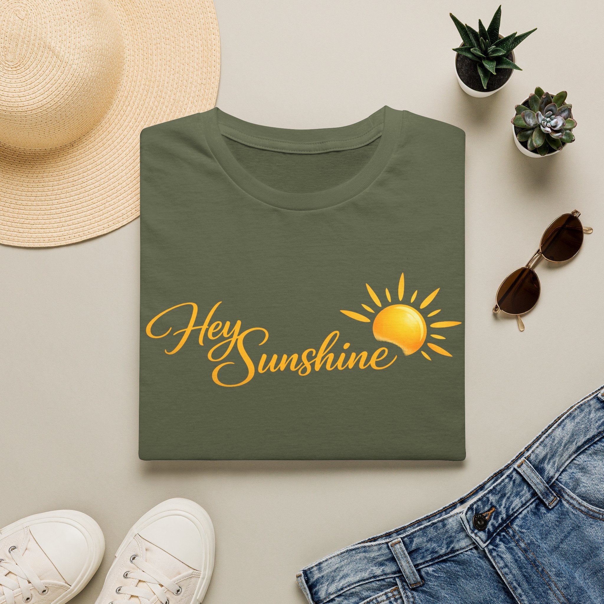 Hey Sunshine T‑Shirt — Bright Sun Script Tee for Women & Men