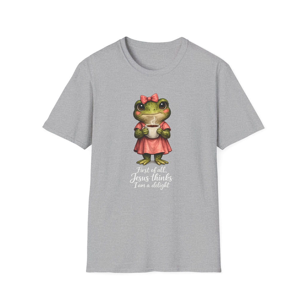 Frog in Dress Tee — Cute Frog Holding Coffee Graphic T-Shirt