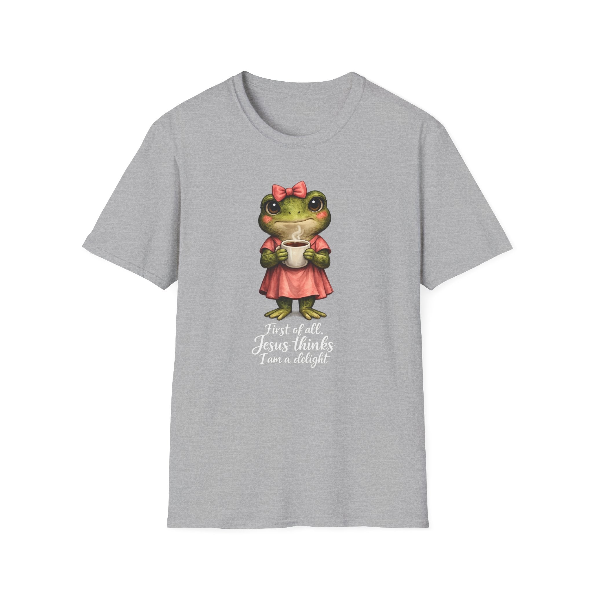 Frog in Dress Tee — Cute Frog Holding Coffee Graphic T-Shirt