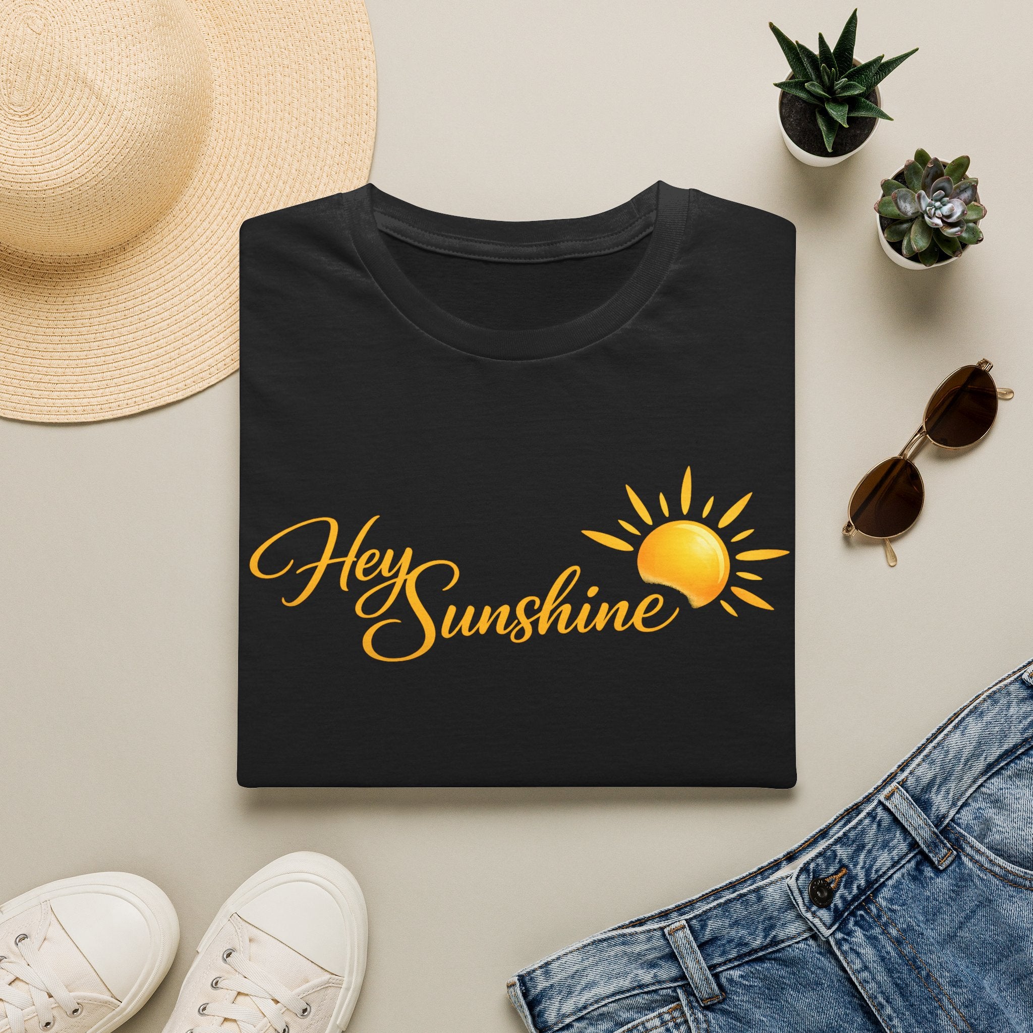 Hey Sunshine T‑Shirt — Bright Sun Script Tee for Women & Men