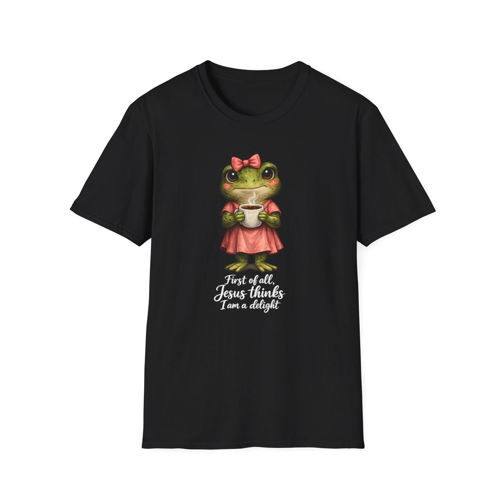 Frog in Dress Tee — Cute Frog Holding Coffee Graphic T-Shirt