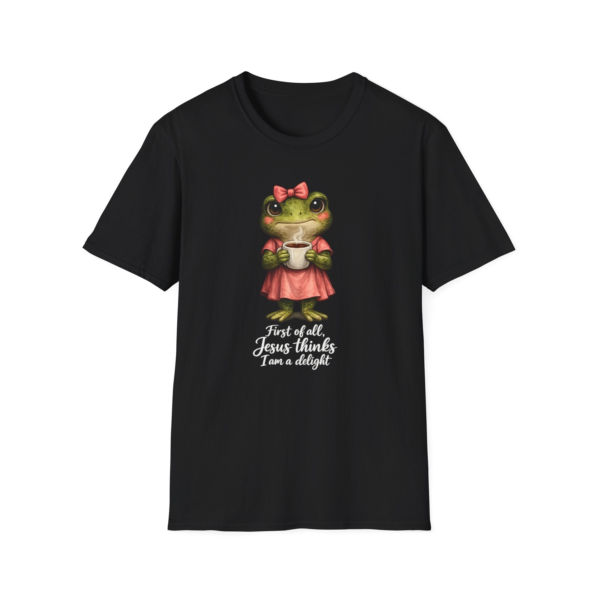 Frog in Dress Tee — Cute Frog Holding Coffee Graphic T-Shirt