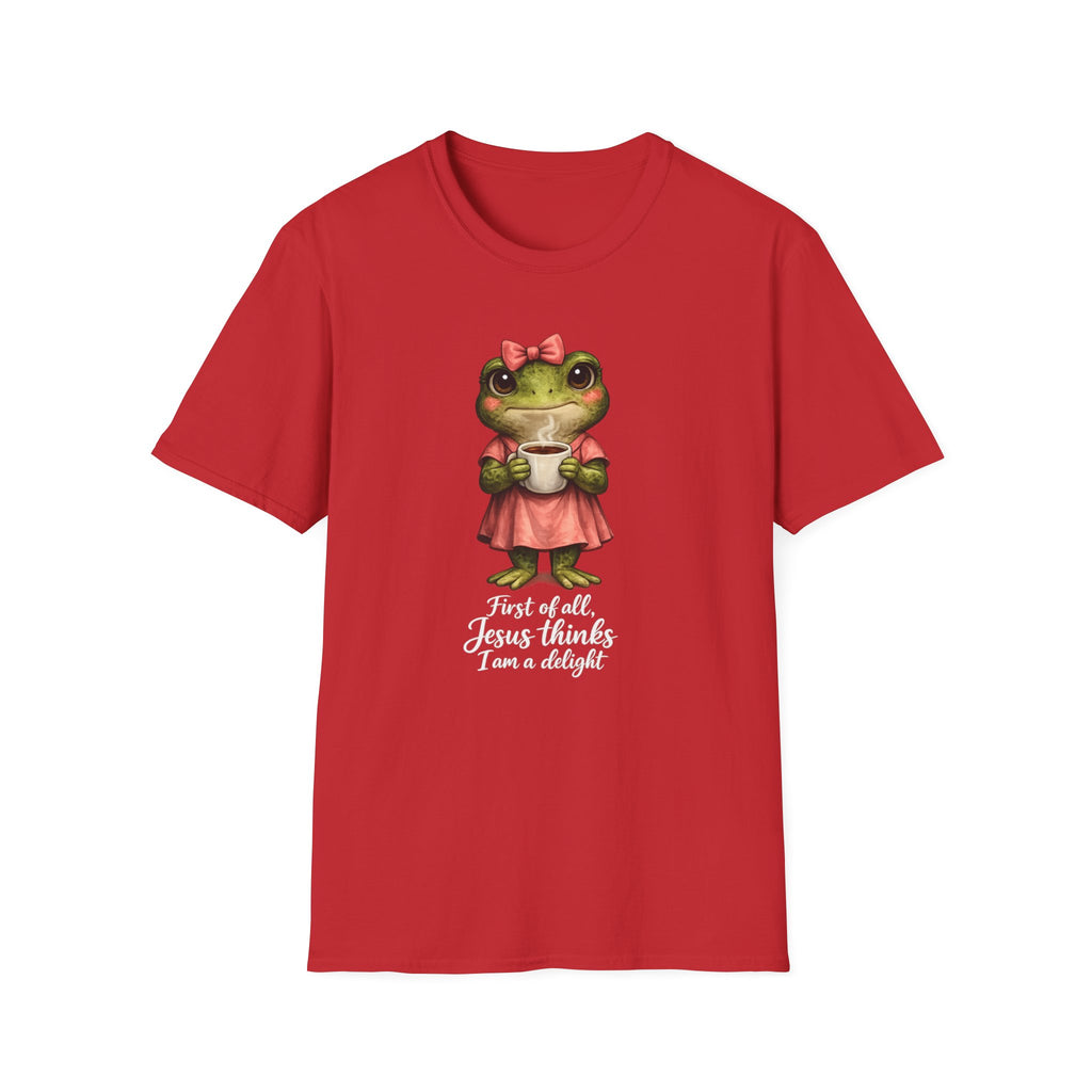 Frog in Dress Tee — Cute Frog Holding Coffee Graphic T-Shirt