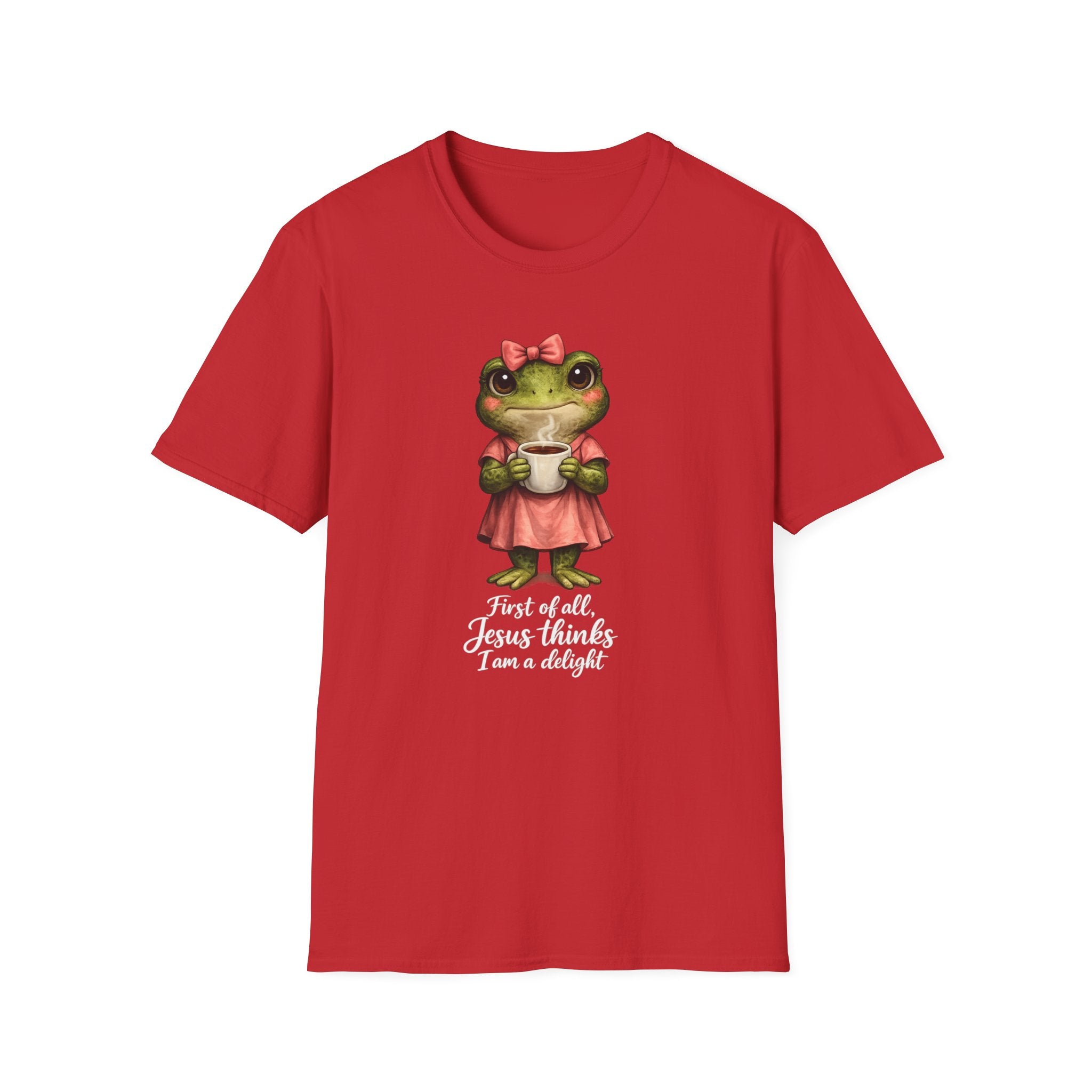 Frog in Dress Tee — Cute Frog Holding Coffee Graphic T-Shirt
