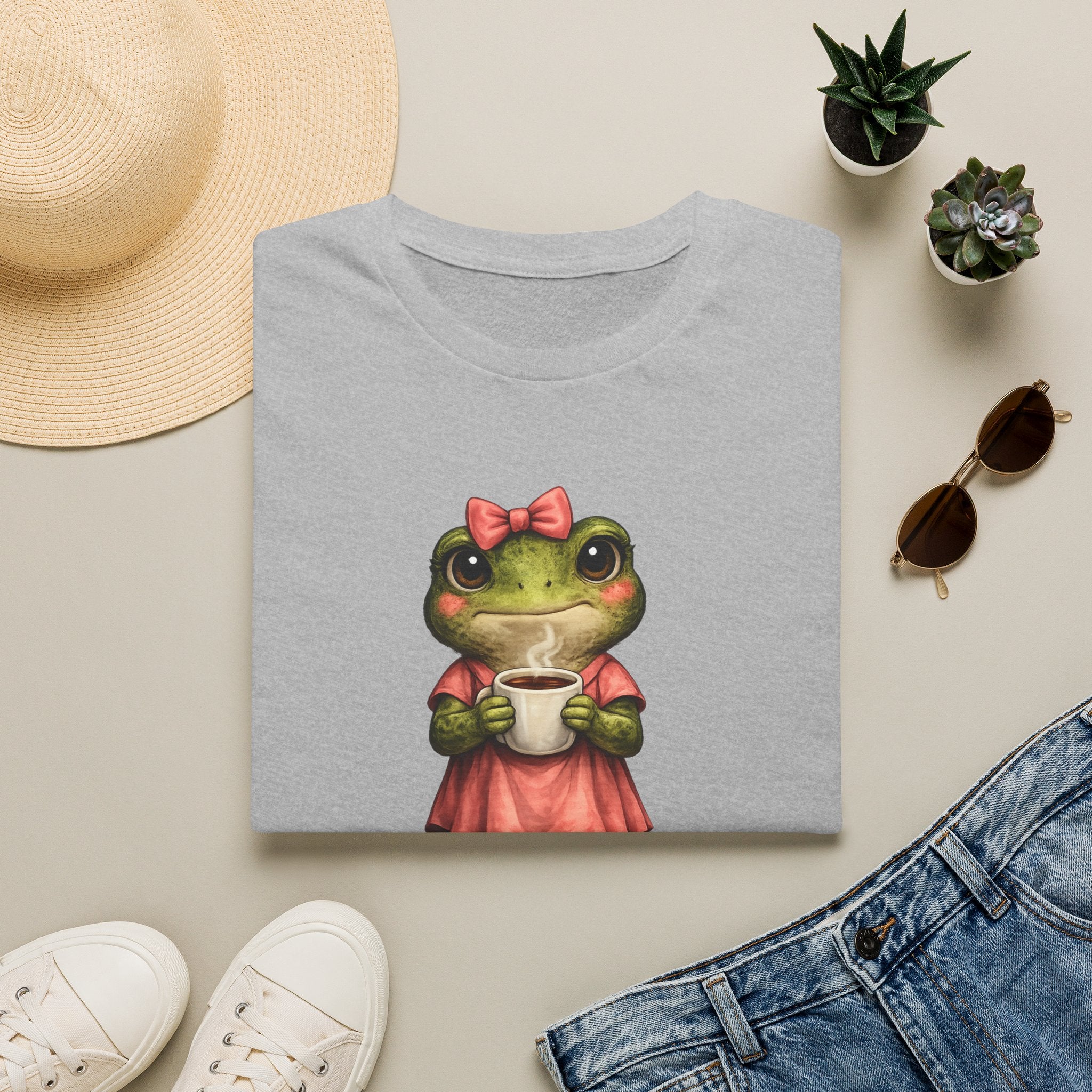 Frog in Dress Tee — Cute Frog Holding Coffee Graphic T-Shirt
