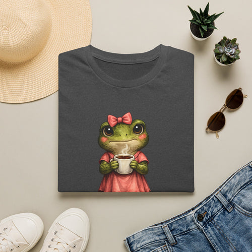 Frog in Dress Tee — Cute Frog Holding Coffee Graphic T-Shirt