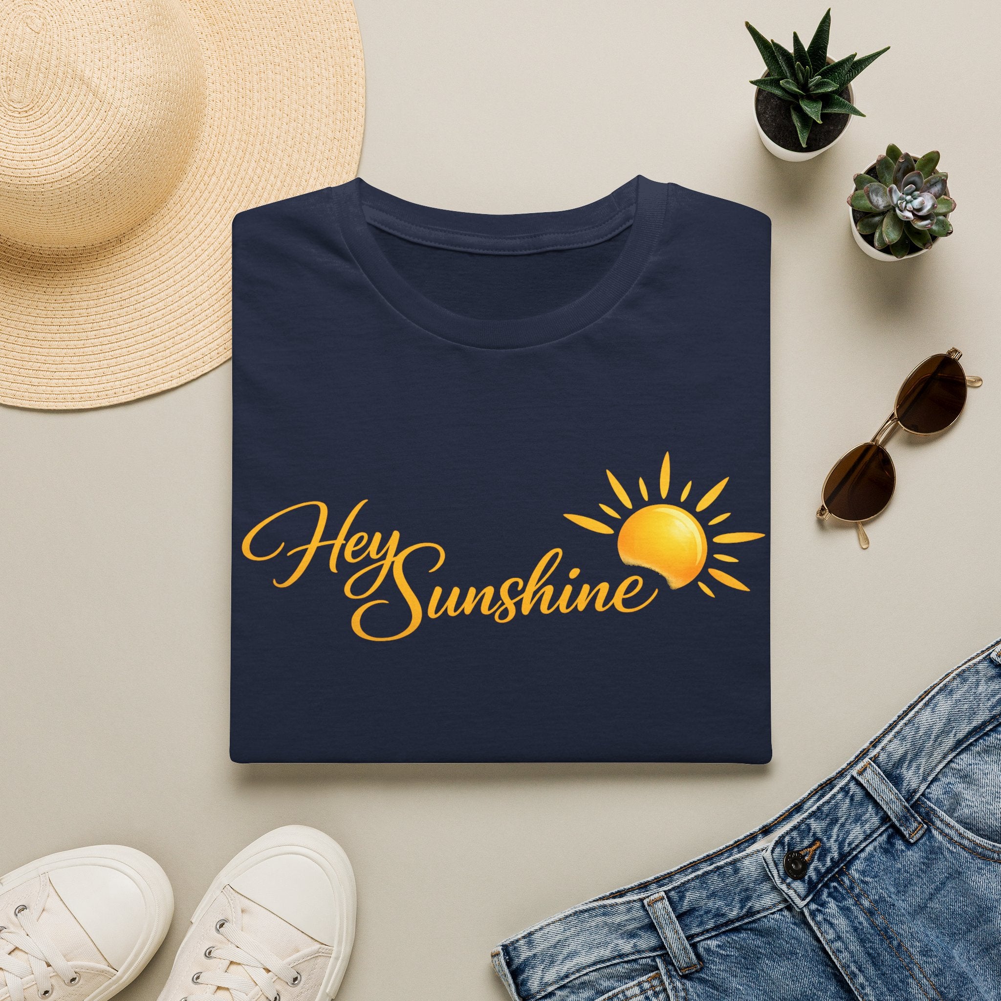 Hey Sunshine T‑Shirt — Bright Sun Script Tee for Women & Men