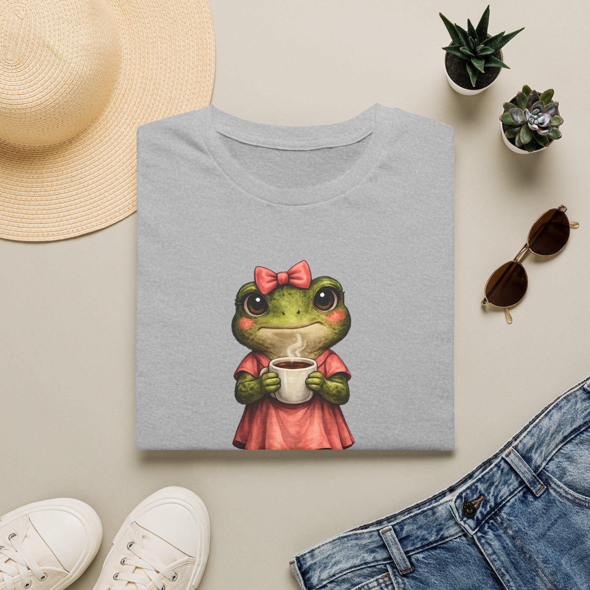 Frog in Dress Tee — Cute Frog Holding Coffee Graphic T-Shirt