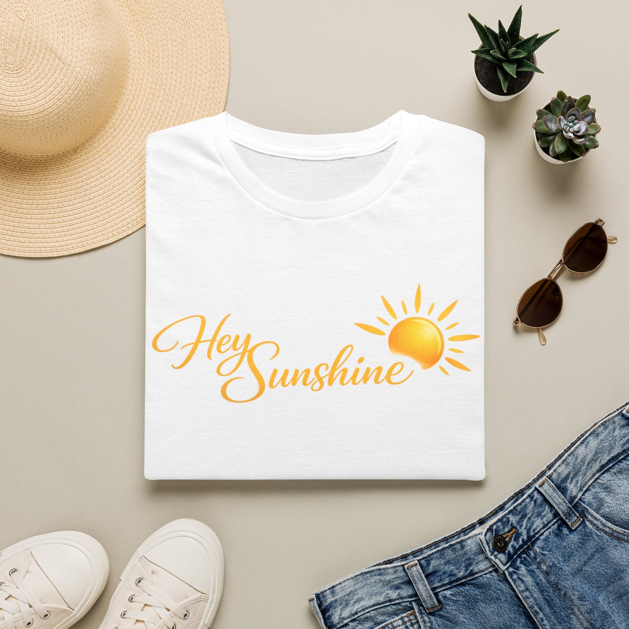 Hey Sunshine T‑Shirt — Bright Sun Script Tee for Women & Men