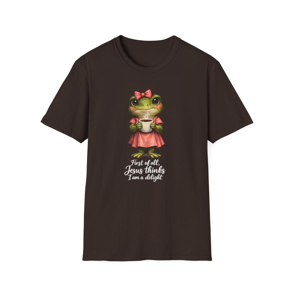 Frog in Dress Tee — Cute Frog Holding Coffee Graphic T-Shirt
