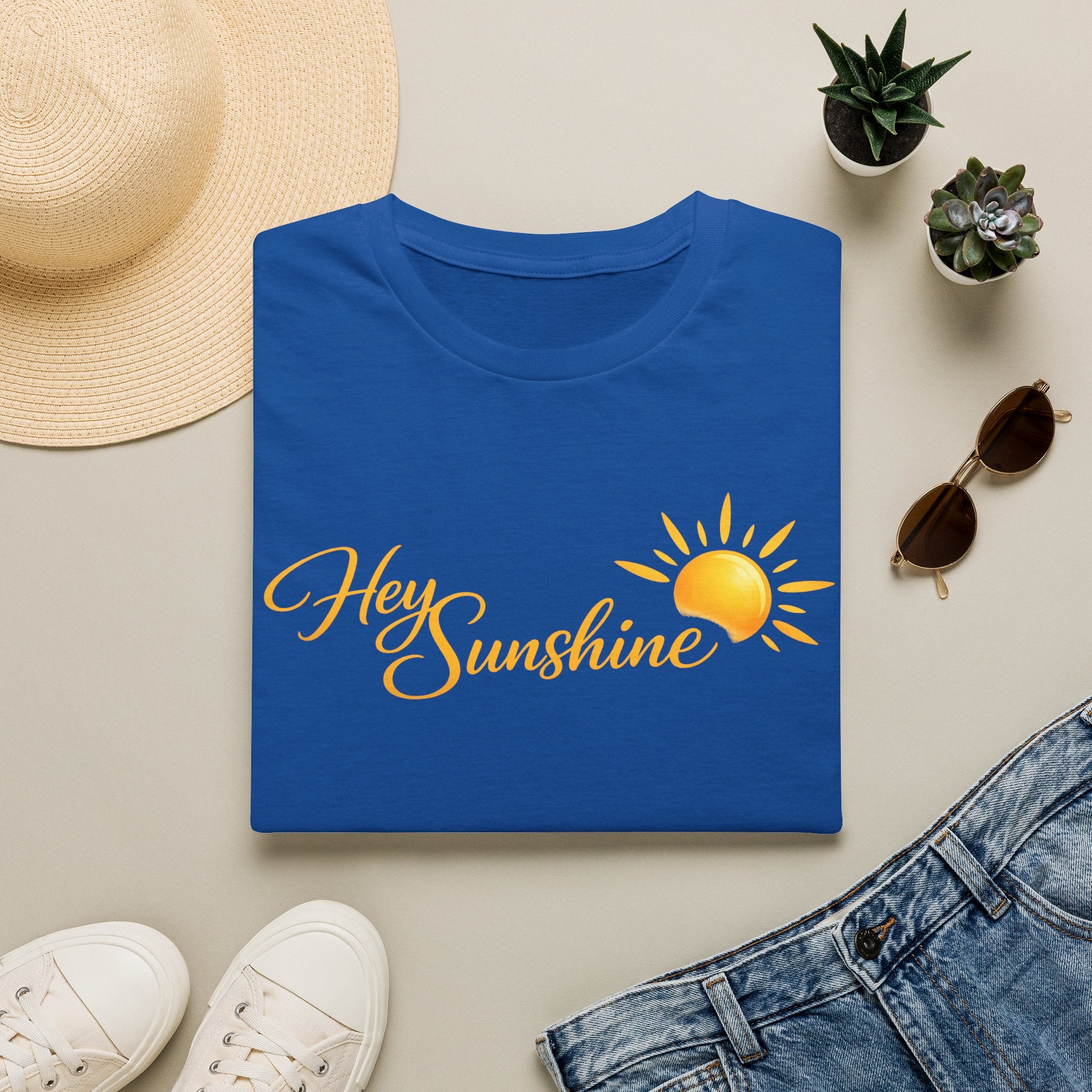 Hey Sunshine T‑Shirt — Bright Sun Script Tee for Women & Men