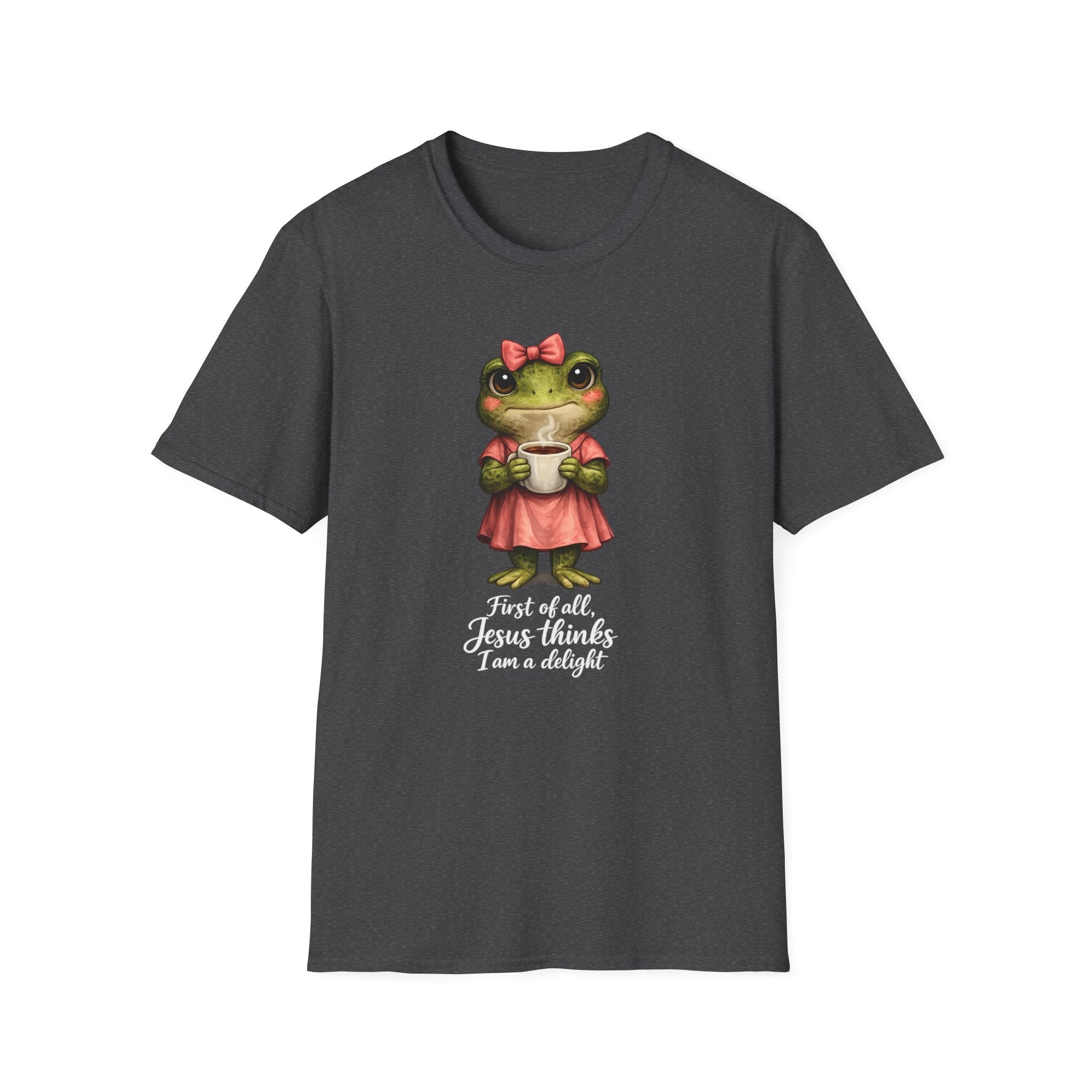 Frog in Dress Tee — Cute Frog Holding Coffee Graphic T-Shirt